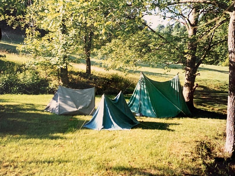 old canvas tents set up by a tree