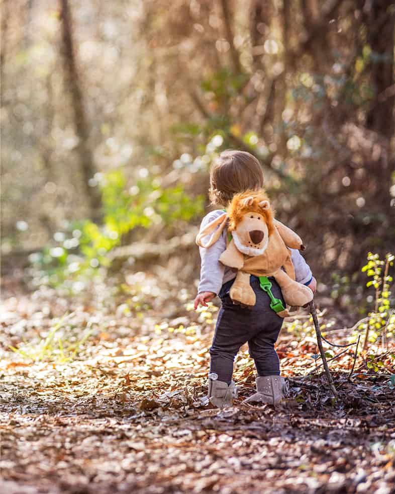 toddler walking on a path in the woods wearing boots and a lion backpack