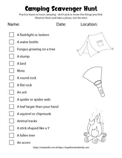 Free Printable Camping Scavenger Hunt for kids - Together Time Family