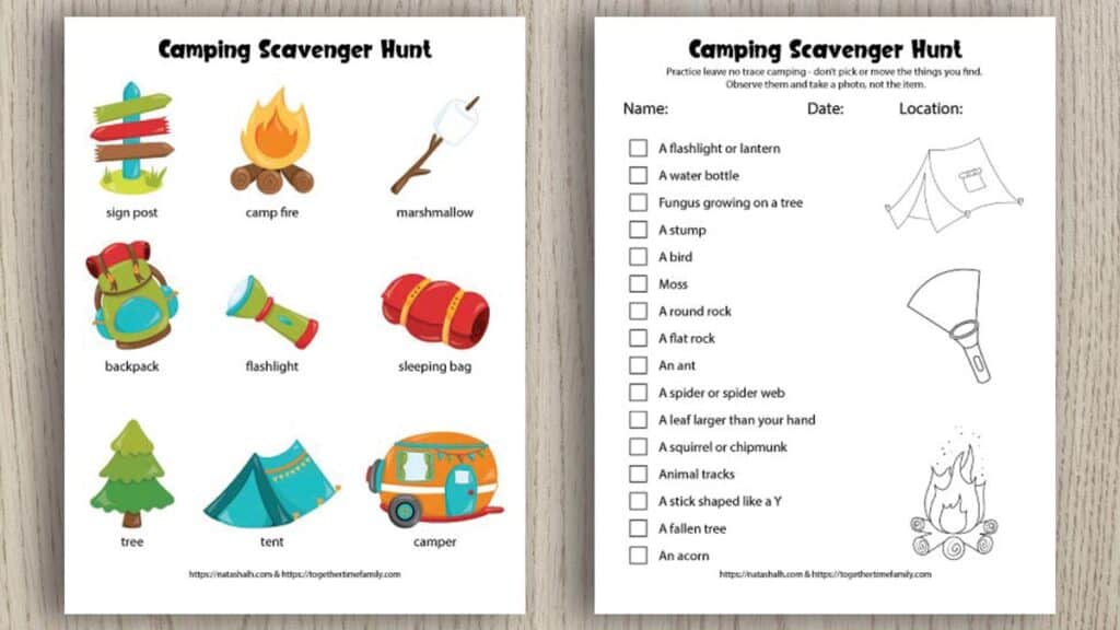 Two printable camping scavenger hunts for kids. One has 9 colorful images for younger children. The other scavenger hunt is text-based and features nature items to seek and find.