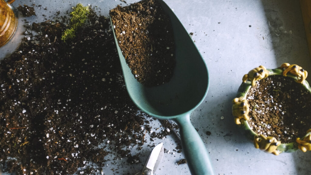 Potting soil spread out on a bench. There is a plastic scoop partially filled with soil on the bench. To the right side is a small ceramic pot with decorative frogs. In the bottom middle the blades of a pair of small gardening scissors are visible.