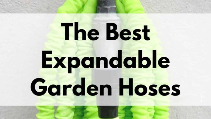 text overlay "the best expandable garden hoses" over a picture of a green expandable hose coiled around a hose bib against a stucco wall