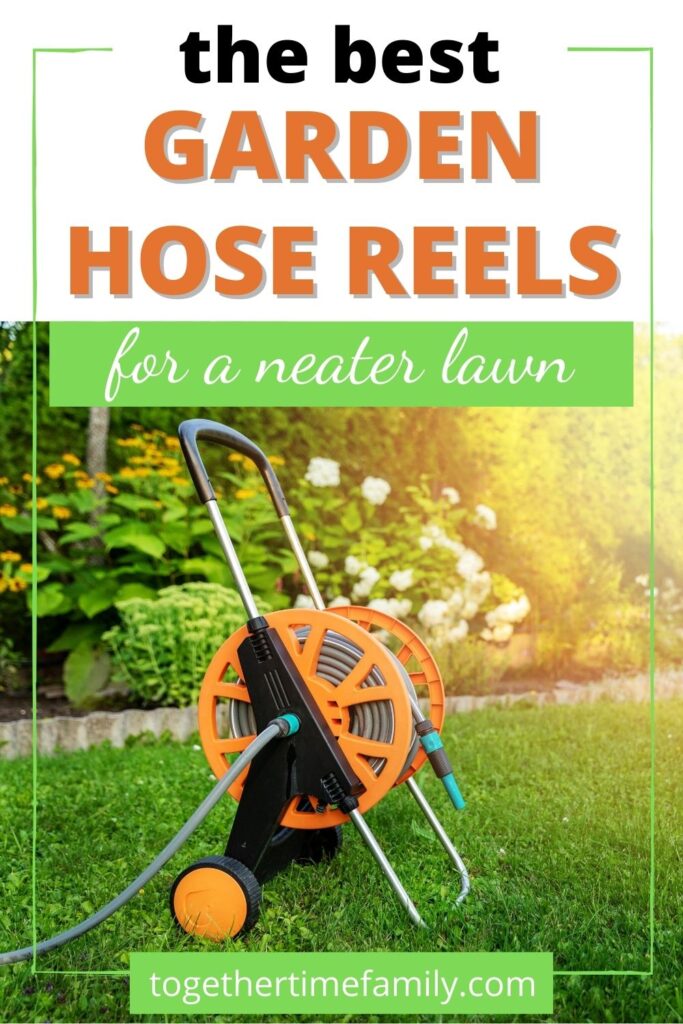 Text "the best garden hose reels for a neater lawn" above a photo of an orange hose cart in a yard. There are flowers visible behind the cart and golden glowing sunlight on the right.