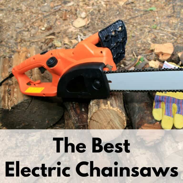 text overlay "the best electric chainsaws" on the bottom portion of an image with an orange plugin electric chainsaw on a pile of wood with a pair of yellow gardening gloves