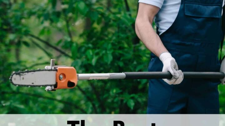 text overlay "the best electric pole saws" is on the bottom 1/3 of a picture showing a person holding a pole saw. The front half of the saw is visible along with one gloved hand and torso wearing dark blue overals