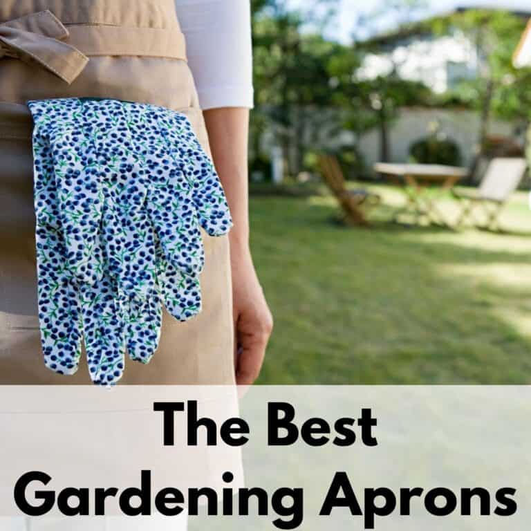 text overlay "the best gardening aprons" over a closeup picture of a woman's torso wearing a tan garden apron with a pair of blue and green gloves in the front pocket
