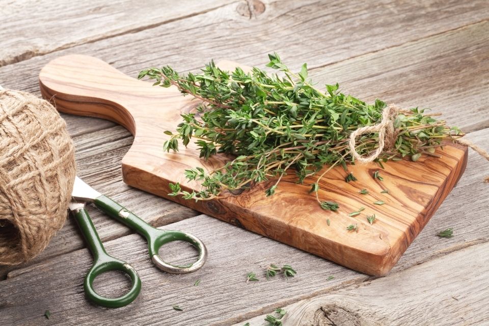 a bundle of fresh thyme tied with twine on a wood cutting board. The cutting board is on a wood table next to a pair of vintage scissors and a spool of twine.