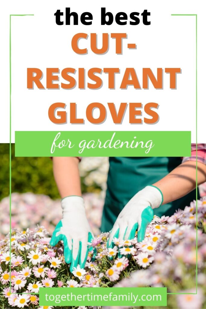 text "the best cut-resistant gloves for gardening" below the text is an image of a woman's hands resting on two flowering plants. She is wearing white garden gloves with a teal latex coating.