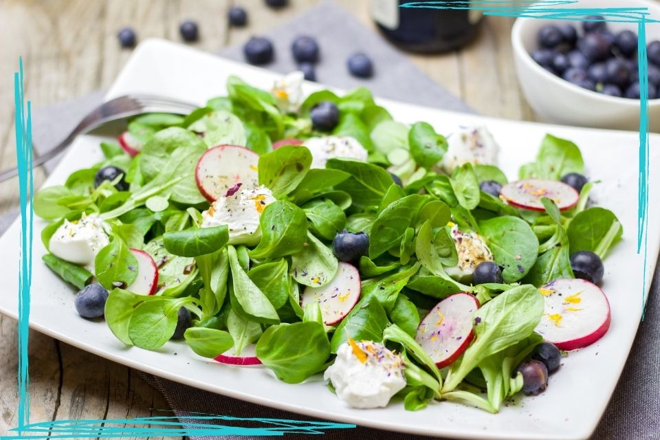 A close up of a salad on a white rectangular plate. The salad features baby spinach greens, sliced radishes, blueberries, and small pieces of soft white cheese