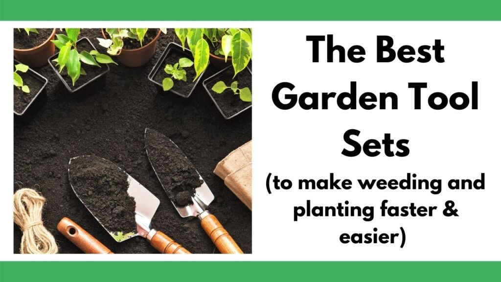 text "the best garden tool sets (to make weeding and planting faster & easier)" on the right. On the left is a pair of trowels with dirt surrounded by green seedlings in square black pots