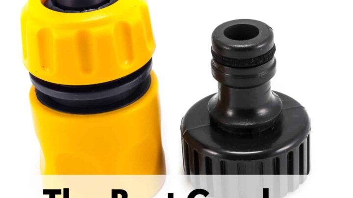 text "The best garden hose quick connects" overlay on a picture of a yellow and black plastic hose quick connector