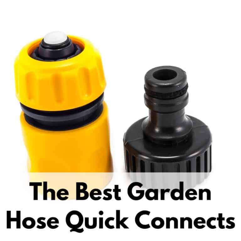 text "The best garden hose quick connects" overlay on a picture of a yellow and black plastic hose quick connector