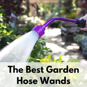 text overlay "the best garden hose wands" over a picture of a purple hose wand being used to water a garden bed