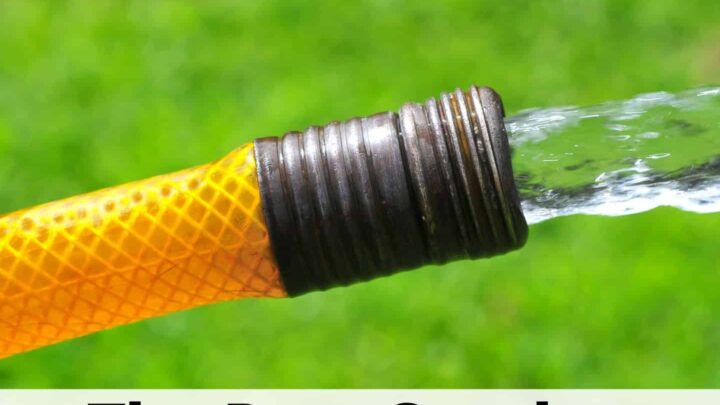 text overlay "the best garden hoses" below a picture of an orange hose with water coming out of the end onto green grass
