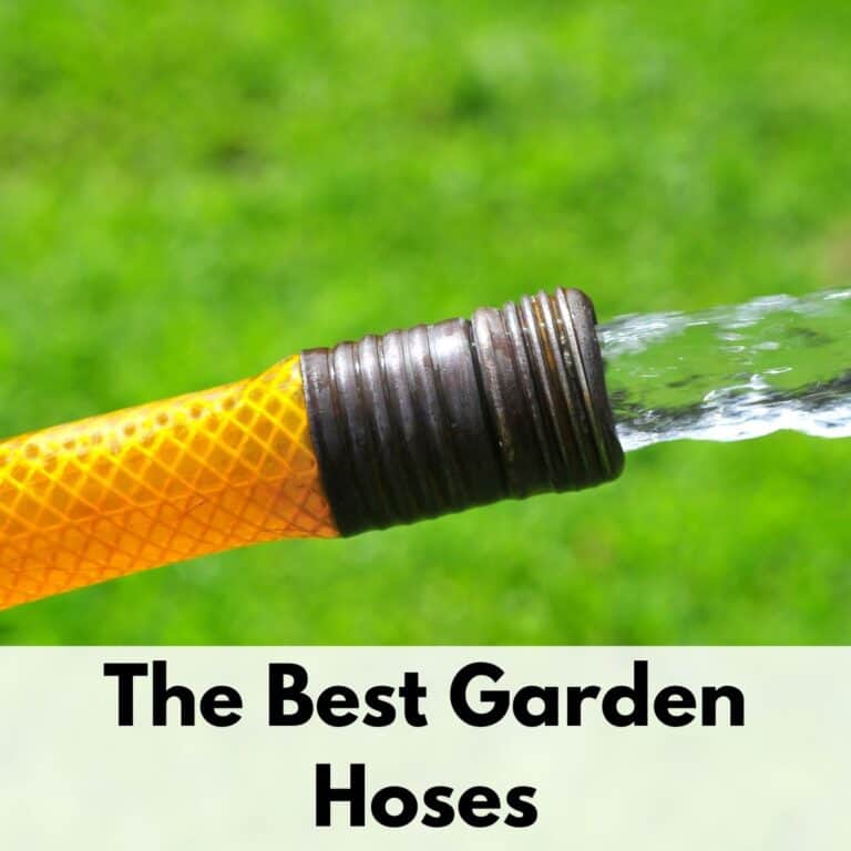 text overlay "the best garden hoses" below a picture of an orange hose with water coming out of the end onto green grass