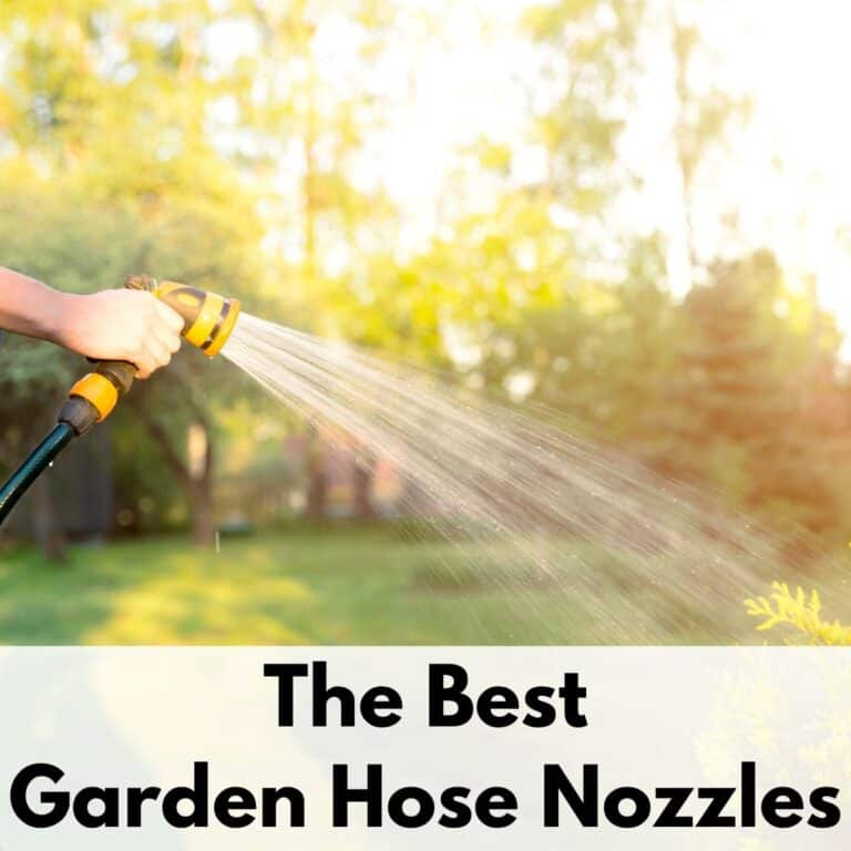 a backlit image of a hand using a yellow garden hose nozzle to water a grass lawn. On the bottom is the text overlay "the best garden hose nozzles"