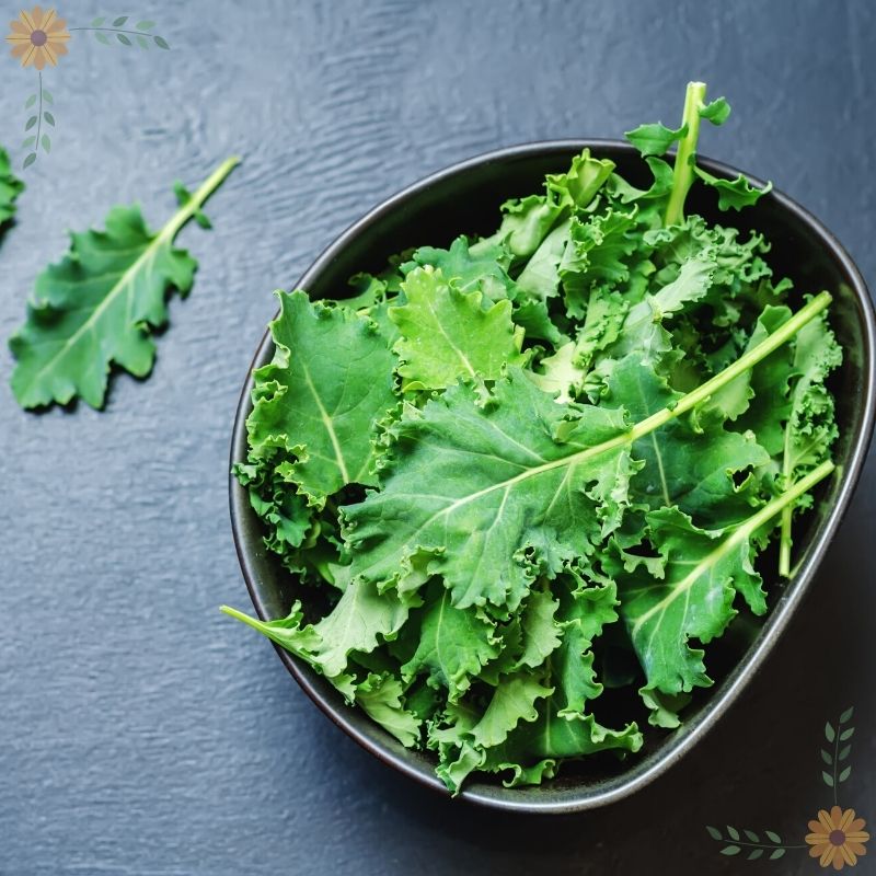 An irregularly shaped black bowl filled with baby kale leaves. The bowl is on a dark surface and there is an additional kale leaf on the table to the left of the bowl.