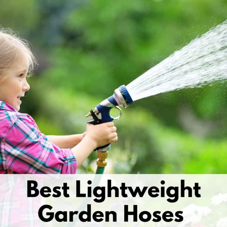 text "best lightweight garden hoses" at the bottom of an image of a young girl in a pink shirt spraying water into the air with a garden hose