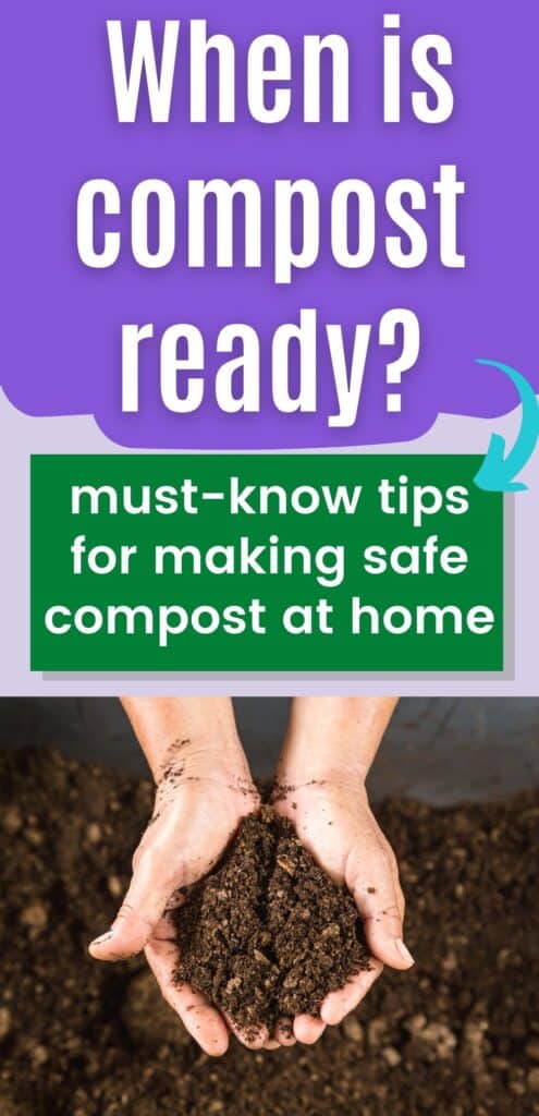 text overlay "When is compost ready? Must-know tips for making safe compost at home" above an image of cupped hands holding rich, dark compost