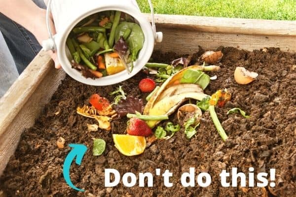 A close up of someone adding a bucket of kitchen scraps on top of a compost pile. The scraps are large pieces, like a whole banana peel. An arrow points at the scraps and there is a text overlay on the bottom "Don't do this!"