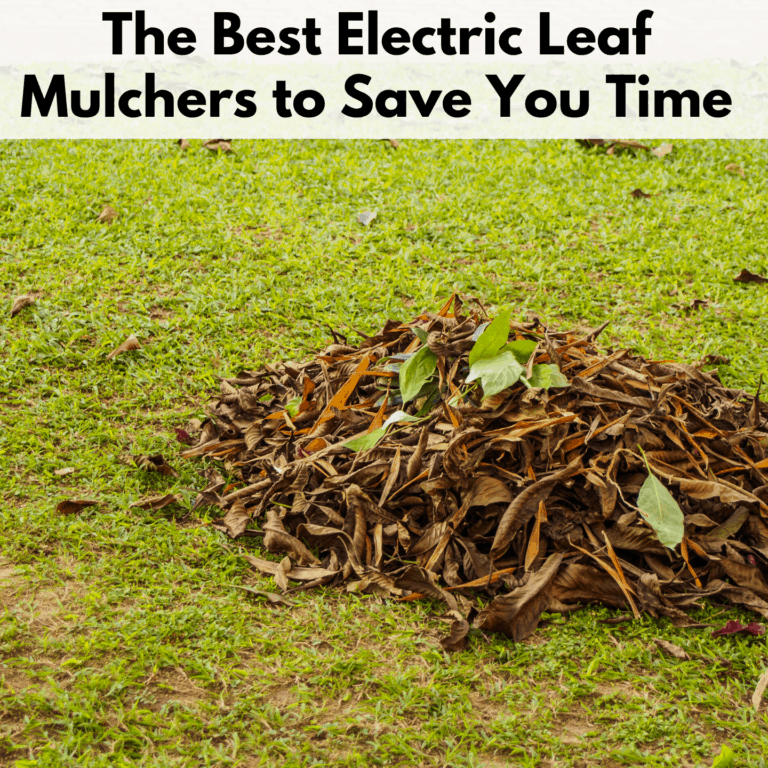Text reads "The Best Electric Leaf Mulchers to Save you time." Text is on a white banner above a photo of a pile of leaves on a green grassy lawn.