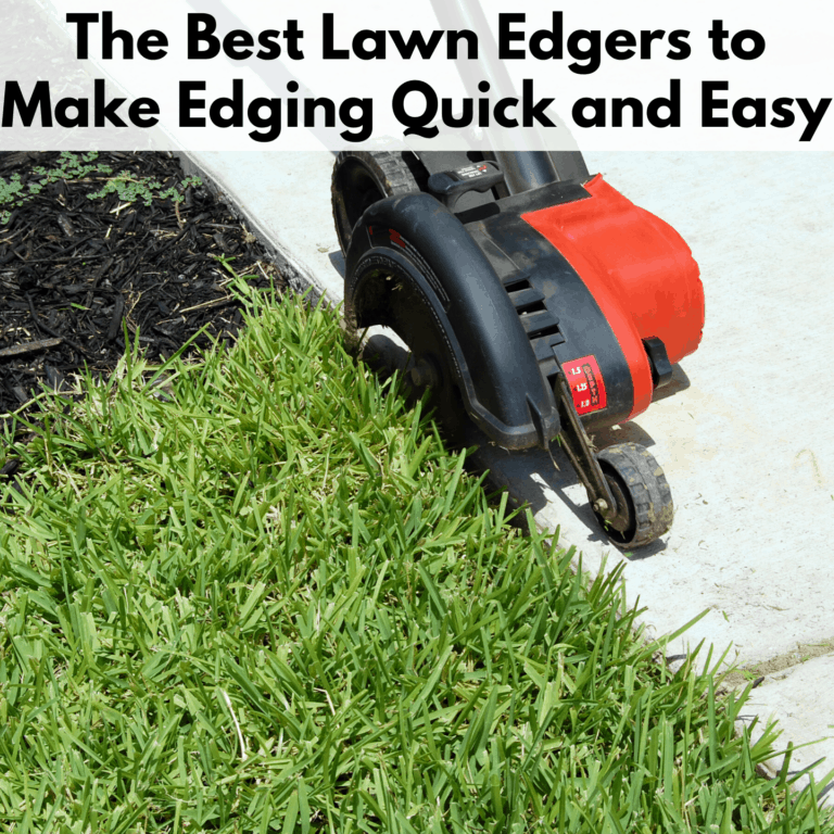 Text reads 'Best electric lawn edgers to make edging quick and easy' in a white transparent text box above the photo. The photo is of an electric edger with two wheels, a red cover, and a black shroud. Edger is on a sidewalk edging a grassy patch.