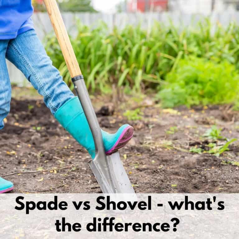 text overlay "spade vs shovel - what's the difference?" on the bottom of an image with a person wearing bluejeans and a blue rain boot stepping on a shovel