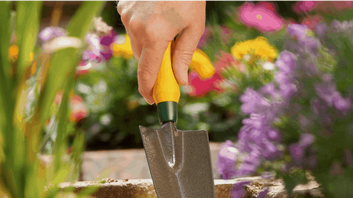 Text reads "The best garden trowels." Text box is at the top of the photo on a white transparent text box. The photo below the text is of a person digging a garden trowel into the ground among a flower garden.