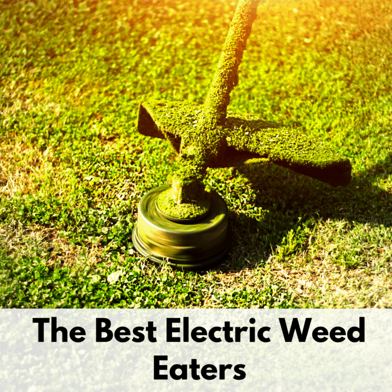 Text reads, "The best electric weed eaters" on a white background text box. Above is a phot of a weed eater trimmer the last bit of long grass on a yard. The weed eater trimmer head and shroud are covered in grass clippings.