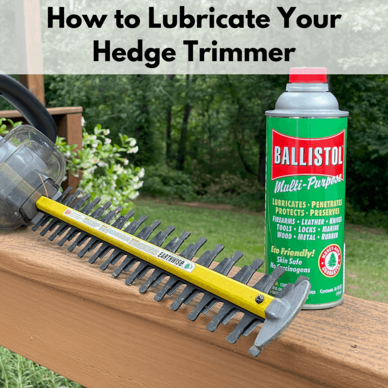 Text reads, "How to lubricate your hedge trimmer". Beneath the textbox is a photo of an earthwise 4 in 1 multi tool hedge trimmer next to a bottle of Ballistol Multi-Purpose lubricating oil. Both are sitting on top of a deck's khaki colored railing. The background is of a small yard with trees surrounding it.