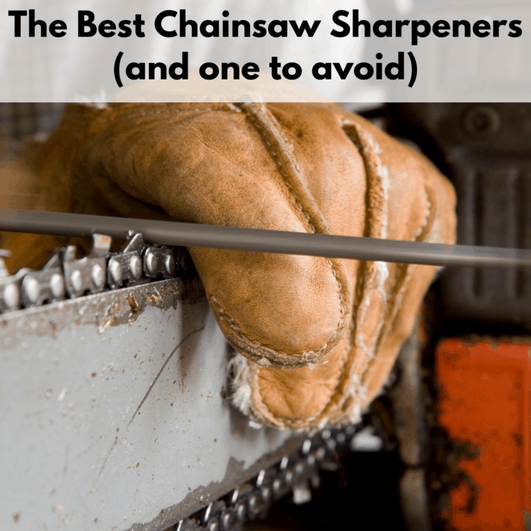 Text reads, "The best chainsaw sharpeners (and one to avoid)" in a white text box above a photo of a person holding a chainsaw bar with a leather glove and filling the cutting tooth of a chainsaw with a round file.