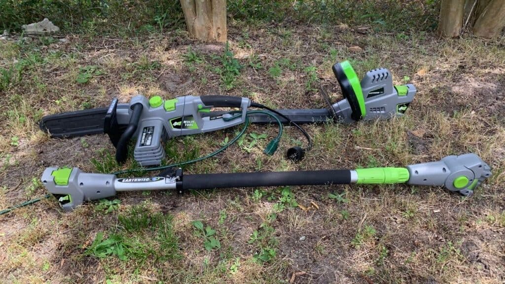 Photo is of the earthwise 4 in 1 multi tool. Displayed are the electric chainsaw, hedge trimmer, and the pole attachment. 