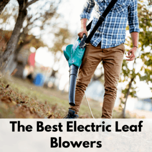 Text reads, "The best electric leaf blowers." Text box is in black letters on a white text box at the bottom of a photo. The photo is of a man holding a blue electric leaf blower blowing the leaves in the foreground. The man is wearing brown jeans, a blue plaid shirt, and work boots. The background is of a blurred out home shed.
