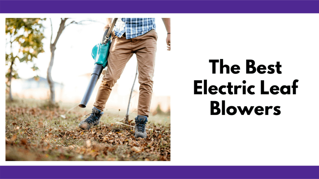 Text reads, "The best electric leaf blowers" in a text box to the right of a photo. The photo is of a man in brown jeans and a plaid shirt with work boots holding a blue corded electric leaf blower. The man is blowing leaves out of his yard. The background is a blurred yard. 