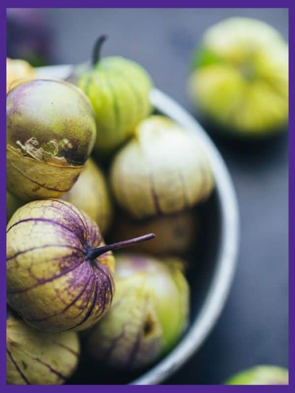 A bowl of harvested tomatillos
