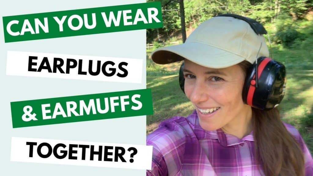 Text "Can you ear earmuffs and earplugs together?" next to a picture of a woman wearing black and red earmuffs