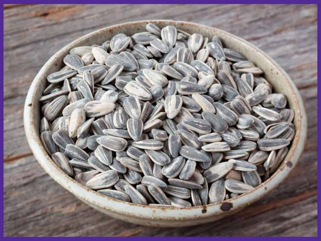 A small beige ceramic bowl filled with sunflower seeds on a wooden table