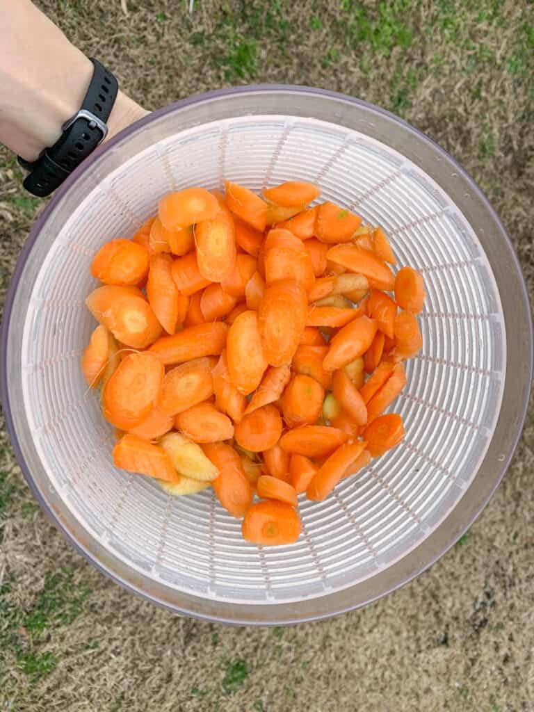 A hand holding a salad spinner filled with sliced carrots