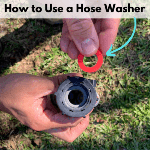 Text reads, "how to use a hose washer." Below the text box is a photo of a person's hands. One is holding a hose nozzle upside down. The other hand is holding a red silicone hose washer. The photo is taken top down and the background is of a grassy patch.