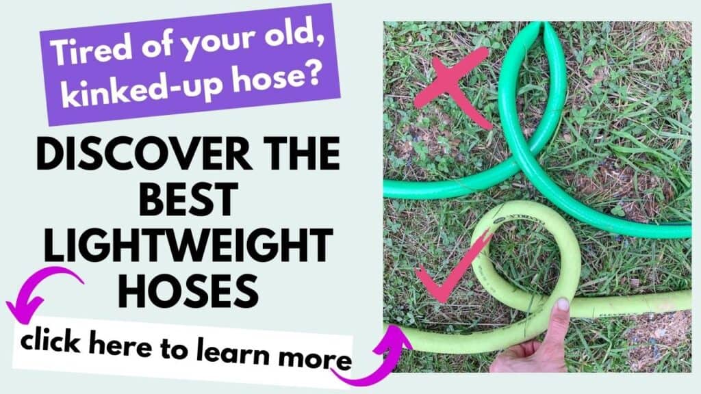 Text "Tired of your old, kinked-up hose? Discover the best lightweight hoses! Click her to learn more" Next to a photo of a kinked hose with an X next to it and a not kinked hose with a checkmark.