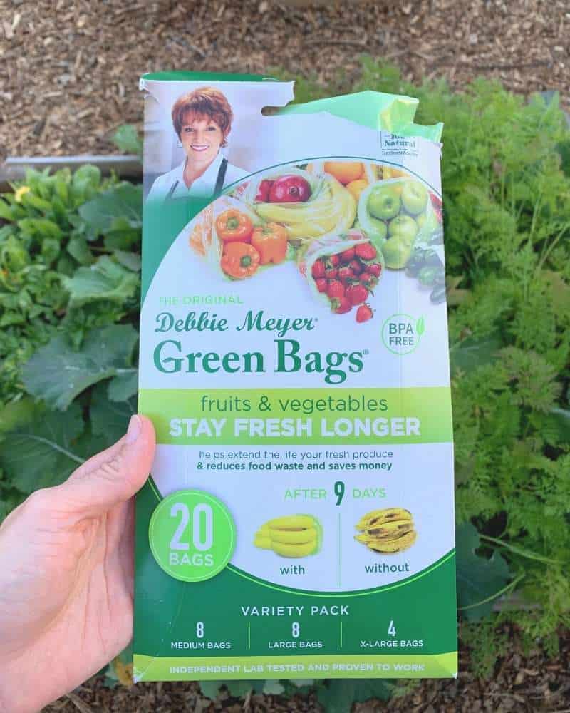 A hand holding an open pouch of Debbie Meyer Green Bags fruit and vegetable storage bags. A lush garden bed is visible in the background.