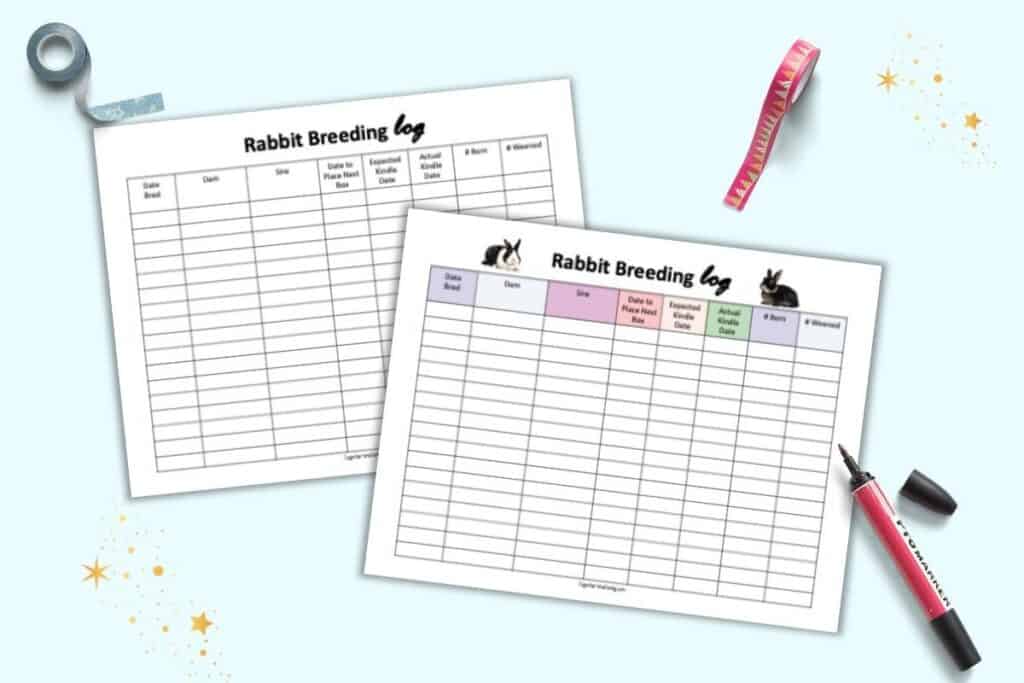 A preview of two pages of printable rabbit breeding log. Each page has a chart for tracking parentage, dates, and litter size. The page in front has colorful column headers. The page in back is black and white.