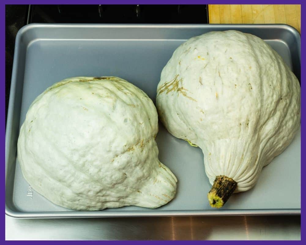 a blue hubbard squash cut in half and placed on a baking sheet