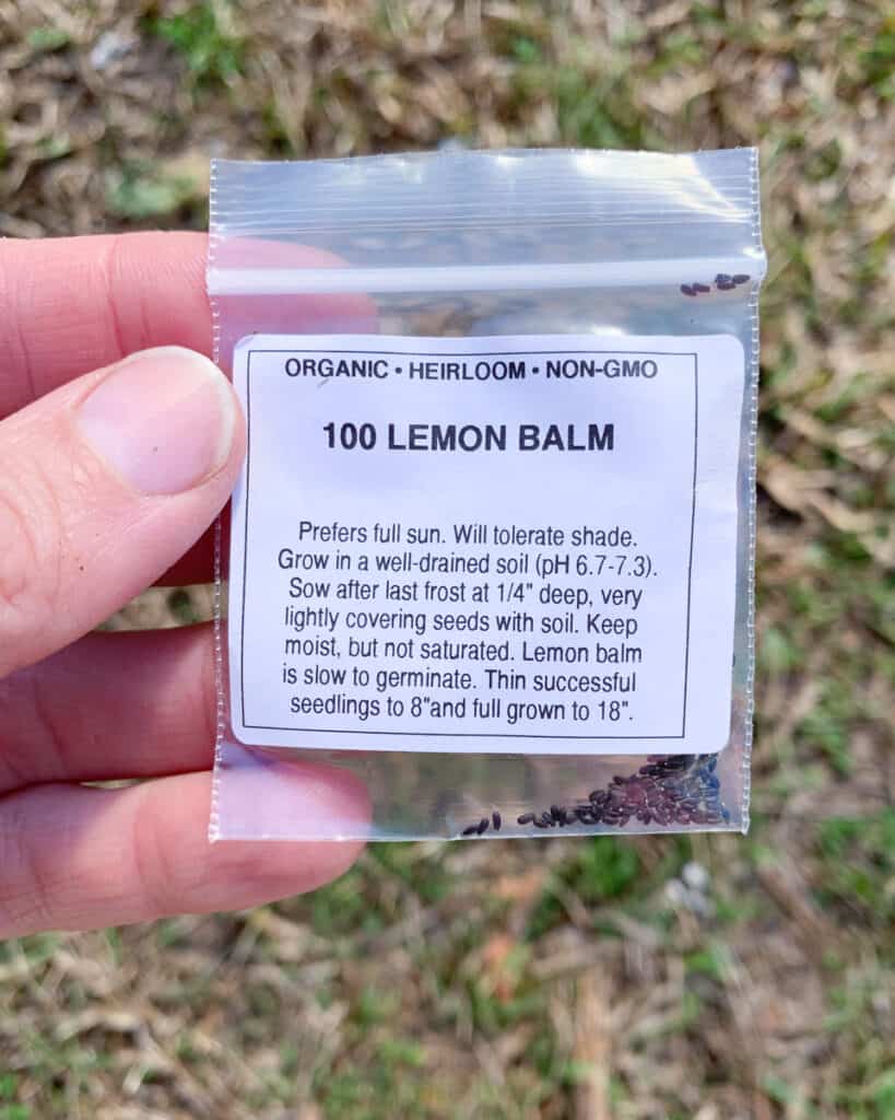 A hand holding a small package of lemon balm seeds