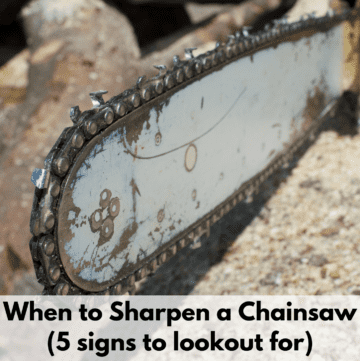 Text reads, "When to sharpen a chainsaw (5 signs to lookout for)." Above the text is a photo of a chainsaws bar end. The bar has lots of wear on it and is showing signs of overuse. The background is sandy.