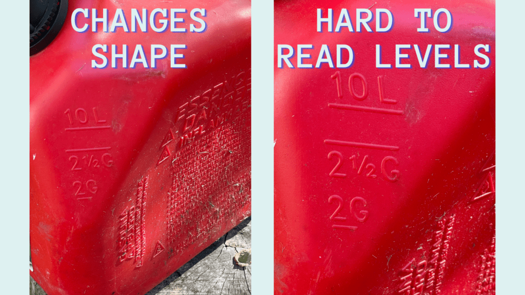 Text reads "Changes shape" on the left photo. The right photo reads "hard to read levels." The photo on the left is a close up of a gas can and it is showing the indent on the side of the red gas can. The photo on the right is showing the levels on the gas can reading 2G, 2 1/2G, and 10L.