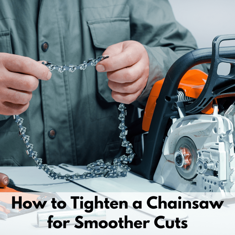 Text reads, "How to tighten a chainsaw for smoother cuts." Above the text box is a photo of a person holding a chainsaw chain without gloves and the person is stretching the chain. To the person's left is a generic orange chainsaw with the cover off. The person is wearing a green shirt and is sitting at a white top workbench.