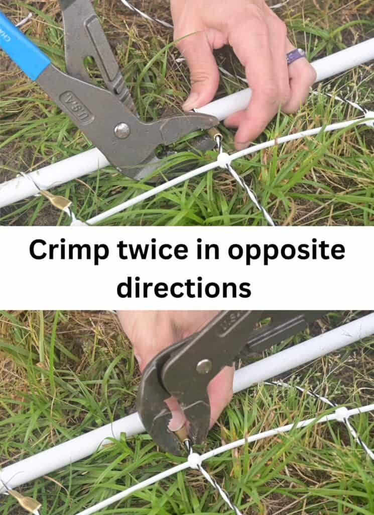 Crimping a brass electrical crimp twice at 90 degrees for a secure connection.