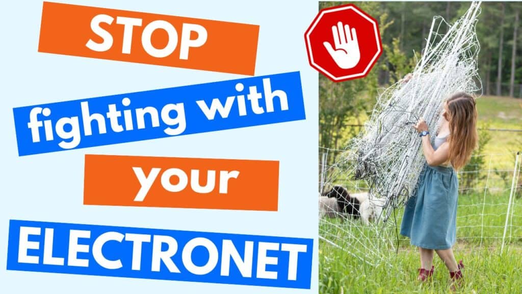 Text "stop fighting with your electronet" with a woman holding an electronet fence