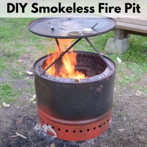 text "DIY smokeless fire pit" with a picture of a fire in a single barrel smokeless fire pit